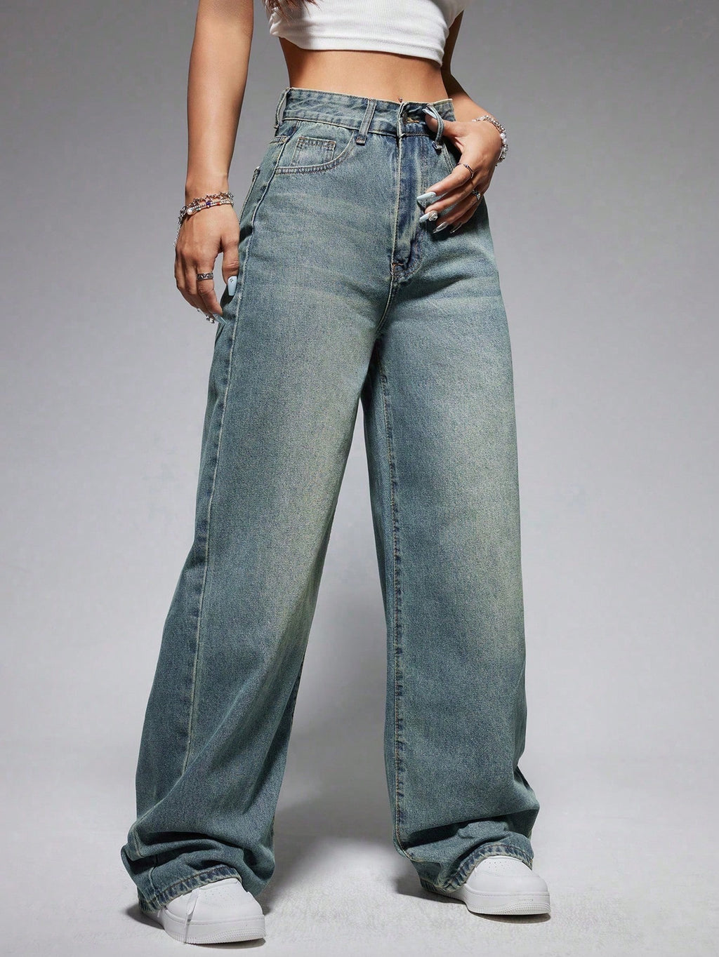 Jeanoix Washed Wide-Leg Jeans with Slanted Pockets Baggy Jeans Y2K