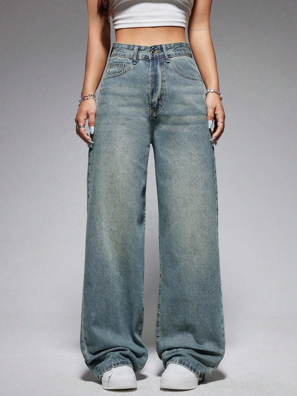 Jeanoix Washed Wide-Leg Jeans with Slanted Pockets Baggy Jeans Y2K