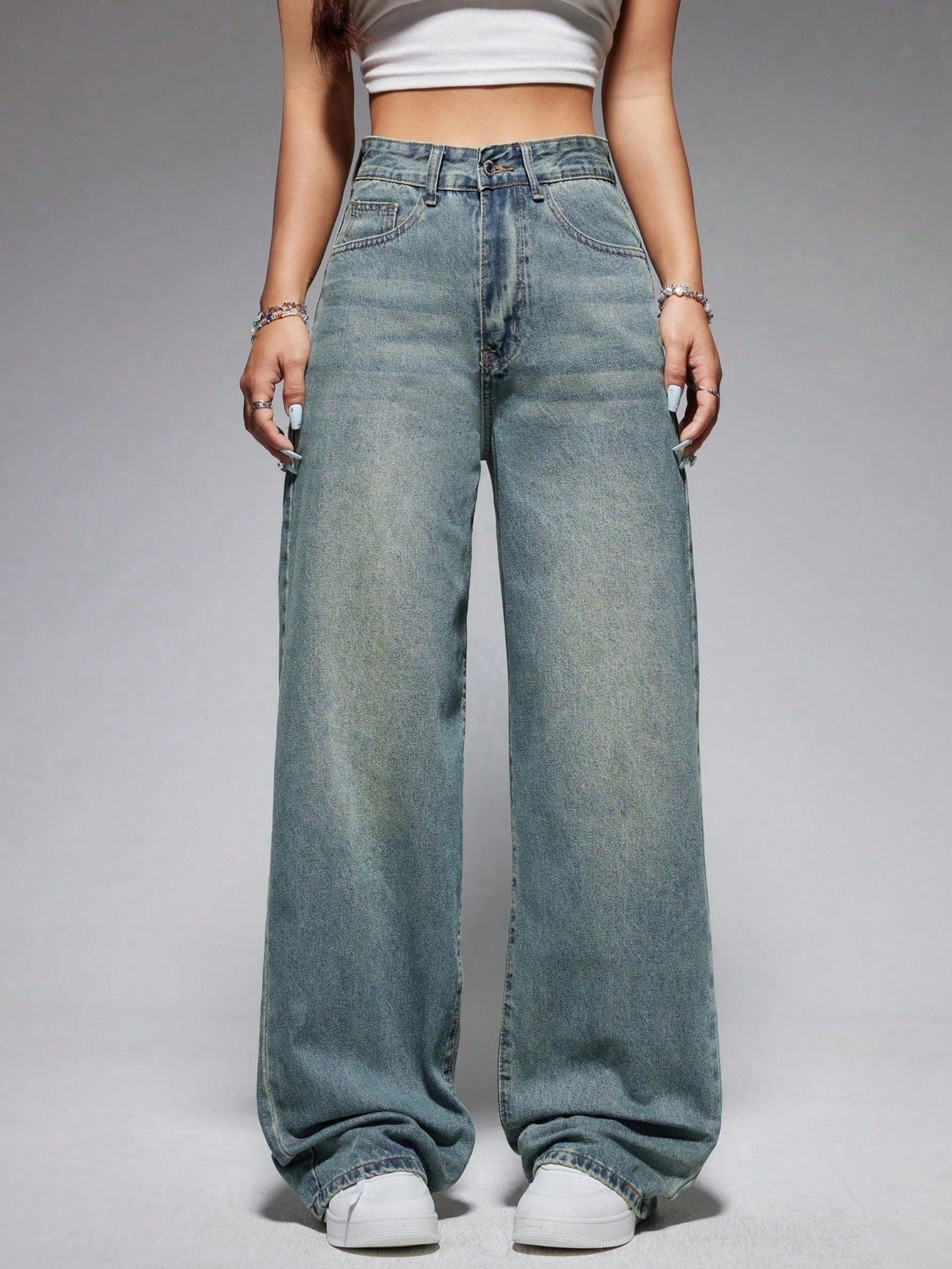 Jeanoix Washed Wide-Leg Jeans with Slanted Pockets Baggy Jeans Y2K