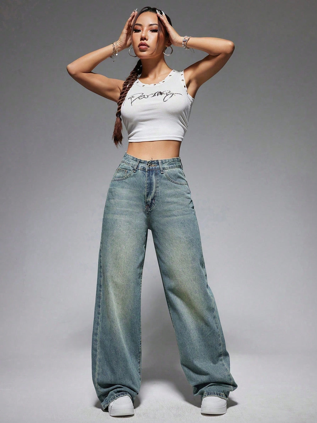 Jeanoix Washed Wide-Leg Jeans with Slanted Pockets Baggy Jeans Y2K