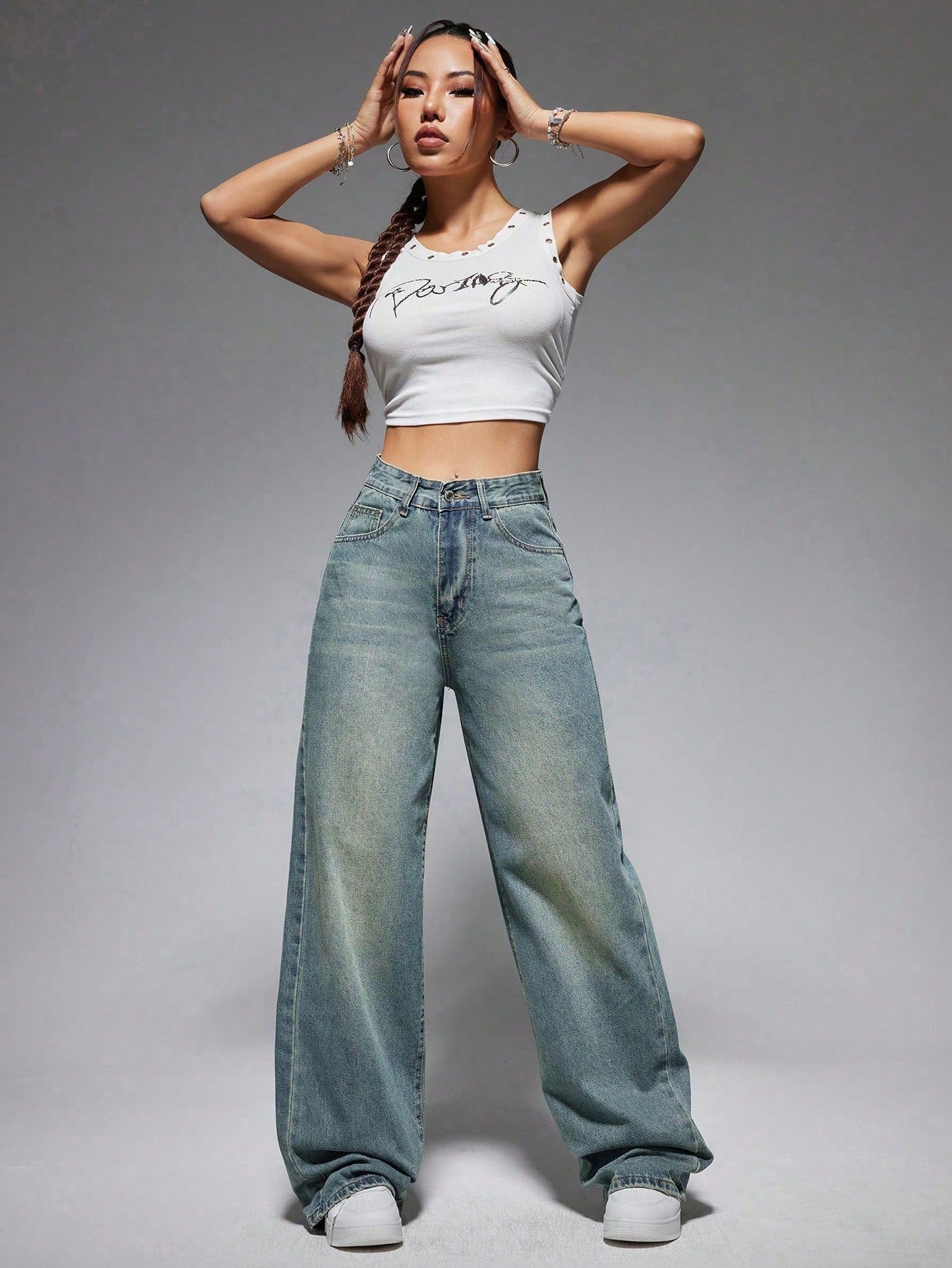 Jeanoix Washed Wide-Leg Jeans with Slanted Pockets Baggy Jeans Y2K