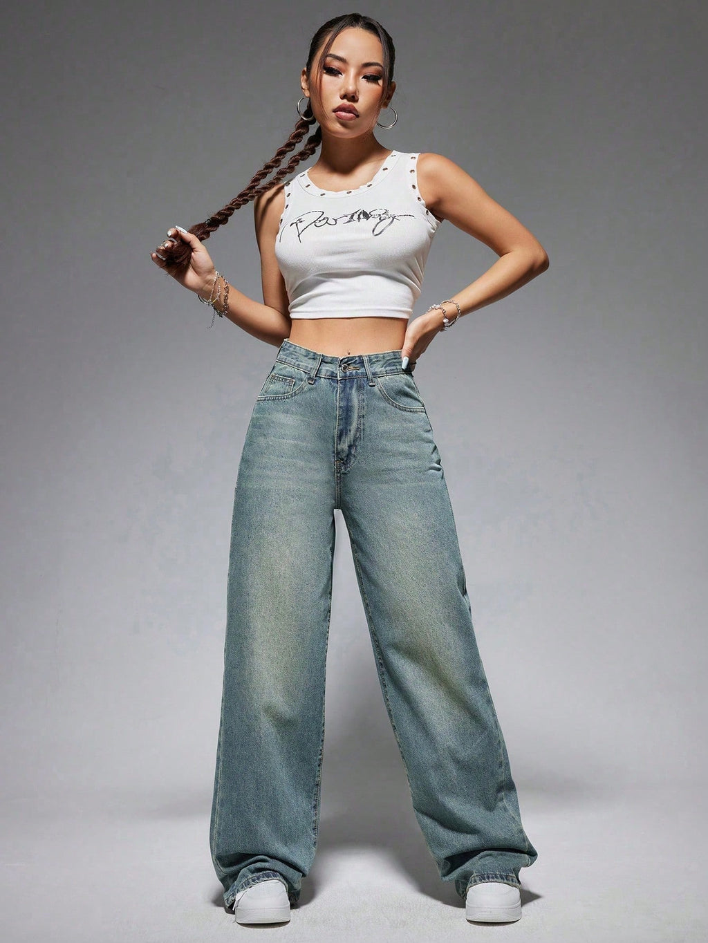 Jeanoix Washed Wide-Leg Jeans with Slanted Pockets Baggy Jeans Y2K