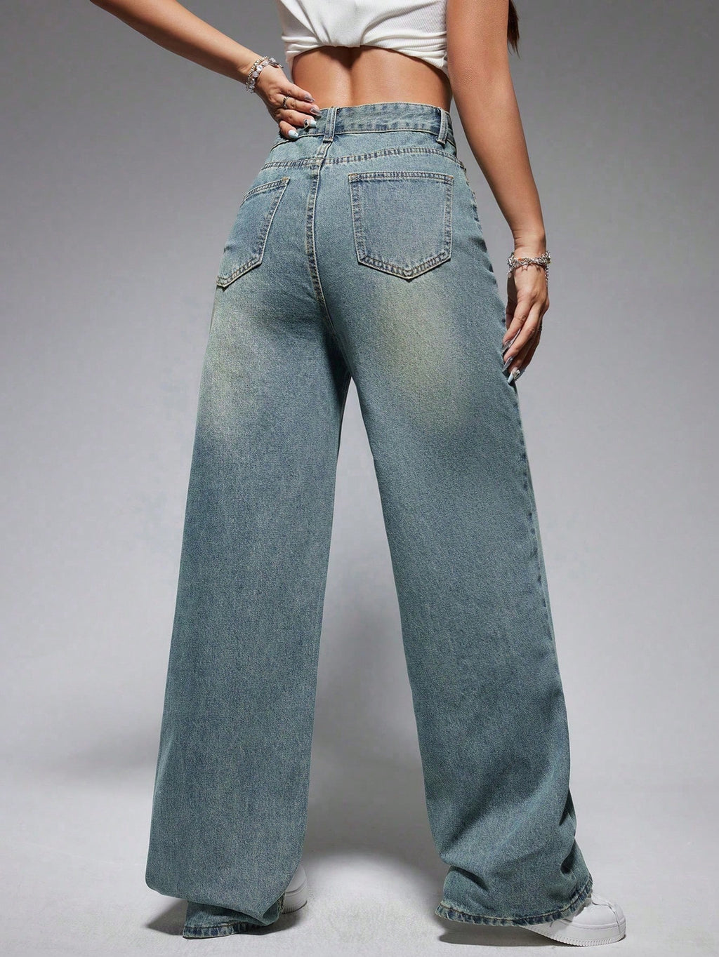 Jeanoix Washed Wide-Leg Jeans with Slanted Pockets Baggy Jeans Y2K