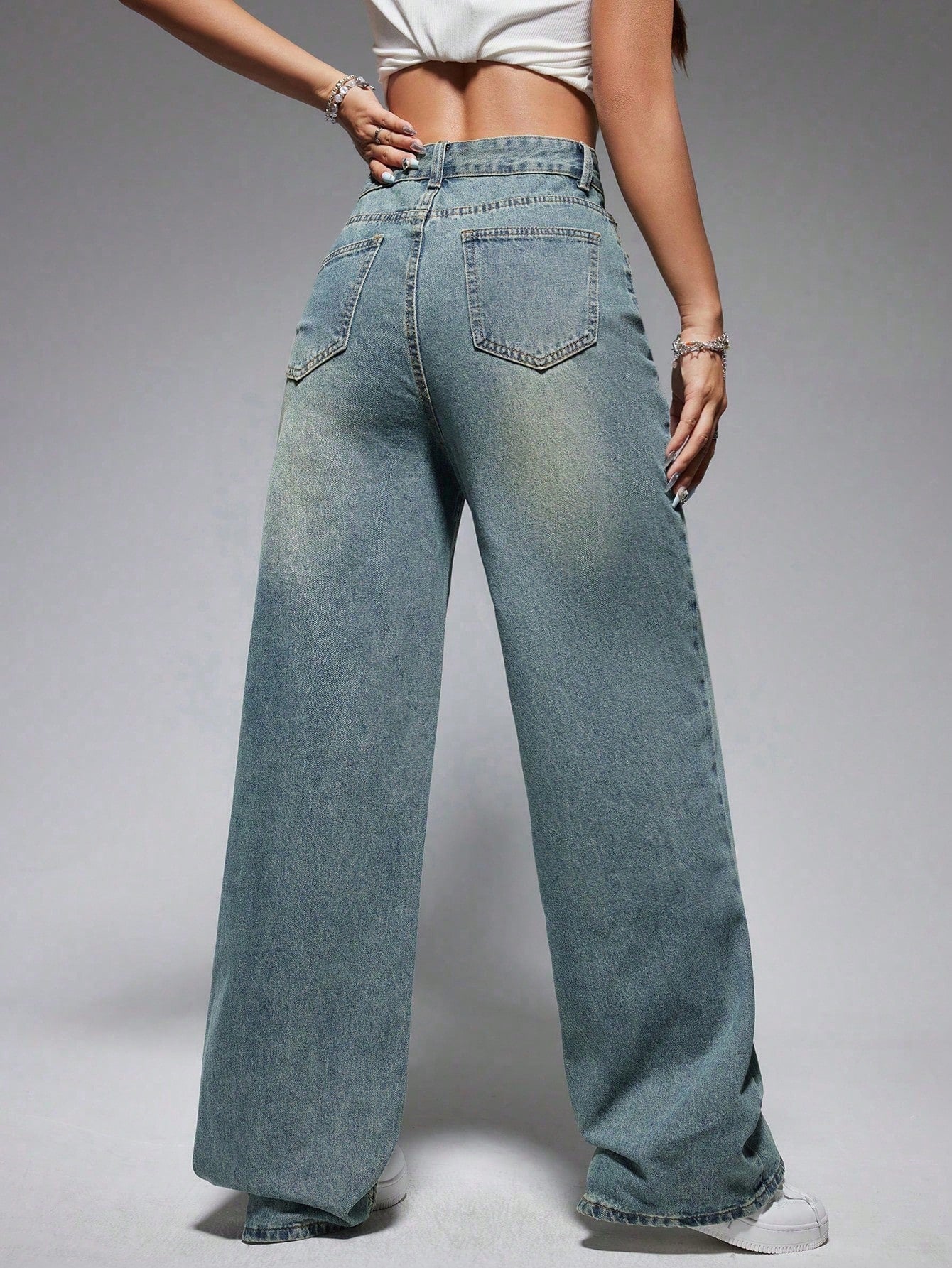 Jeanoix Washed Wide-Leg Jeans with Slanted Pockets Baggy Jeans Y2K