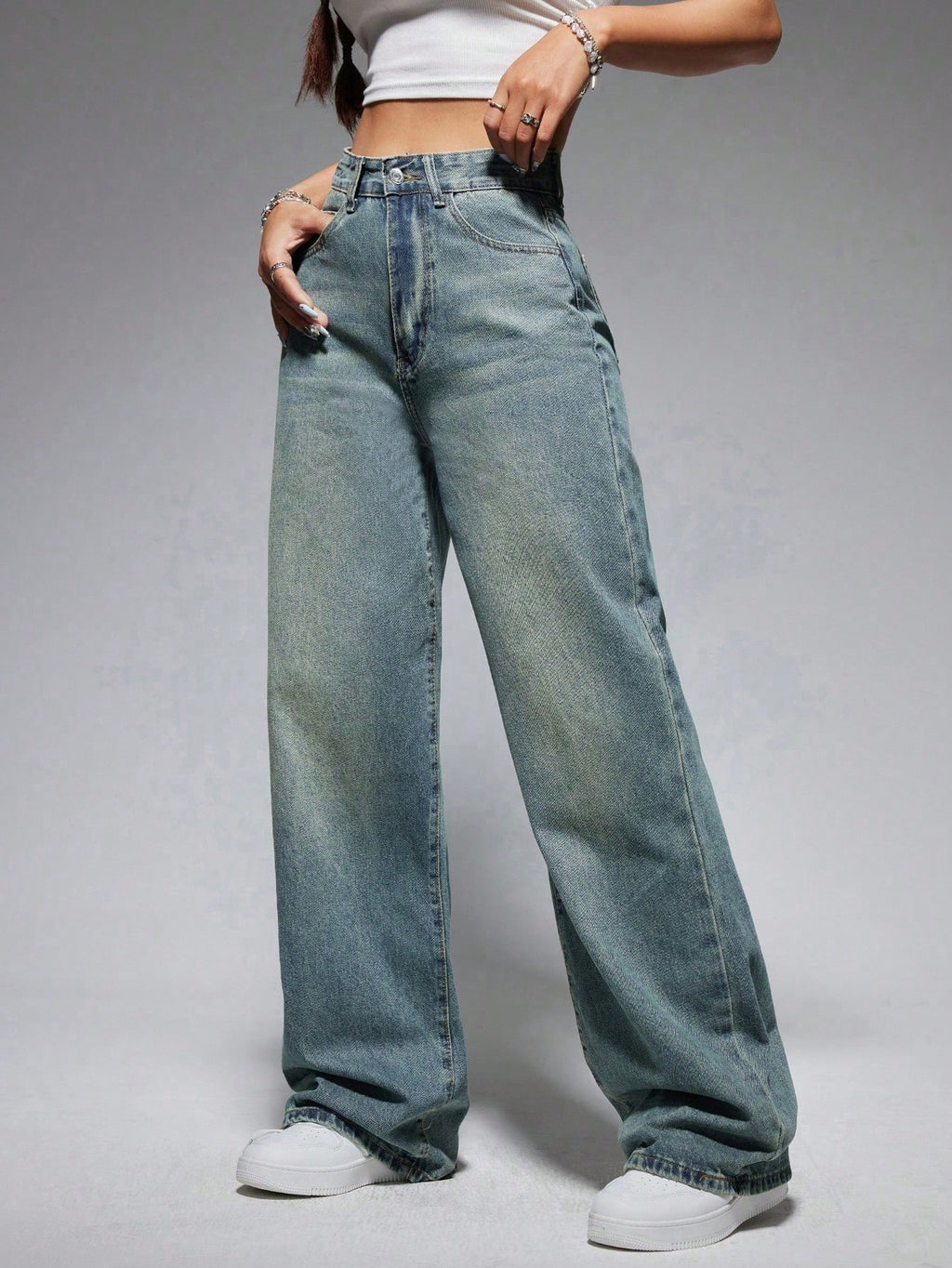 Jeanoix Washed Wide-Leg Jeans with Slanted Pockets Baggy Jeans Y2K